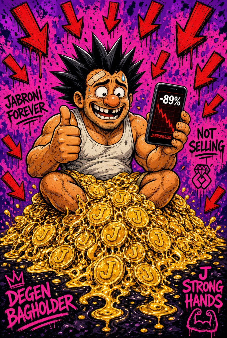 Degen bagholder sitting on a pile of gold J coins, phone showing -89%, refusing to sell