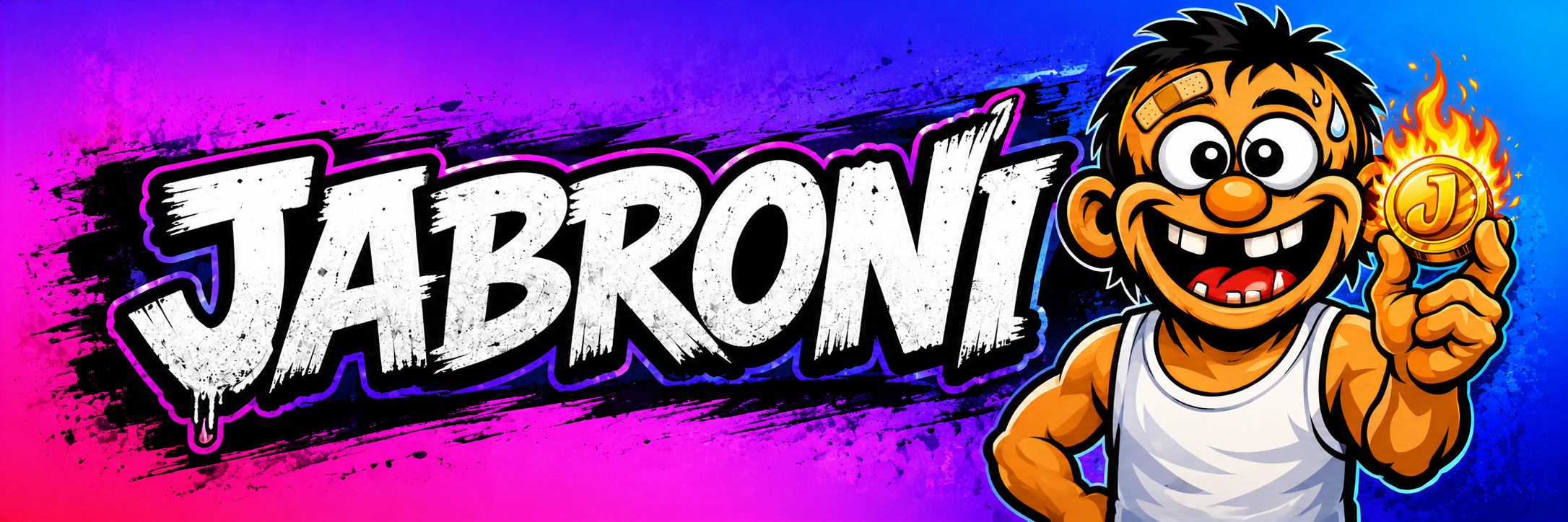 JABRONI graffiti logo with cartoon mascot holding a flaming J coin
