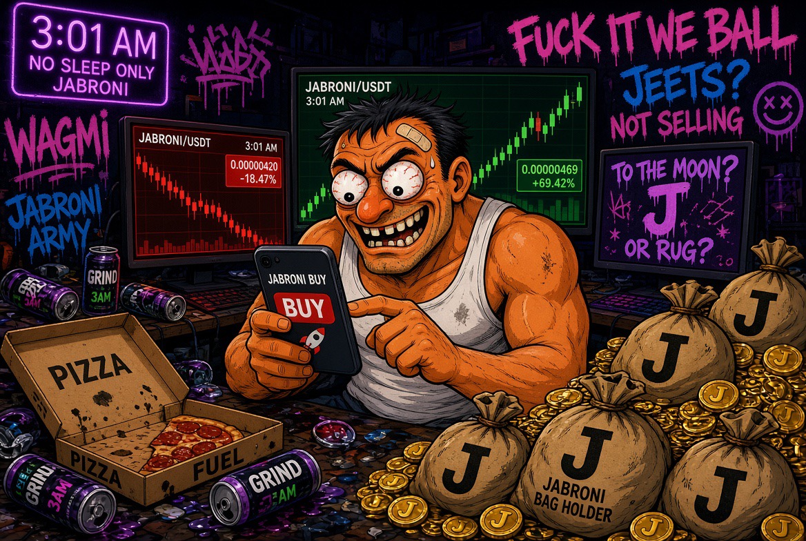 3:01 AM, no sleep only jabroni: a degen trading with pizza and energy drinks surrounded by bags of J coins