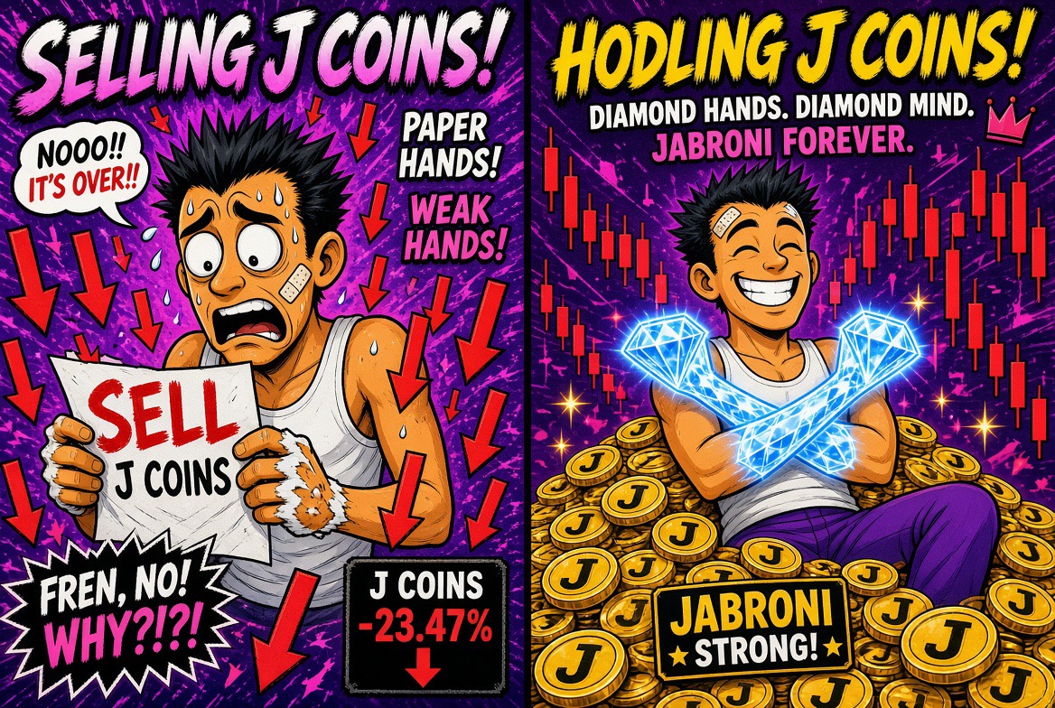 Split panel comparing selling J coins with weak hands versus hodling with diamond hands