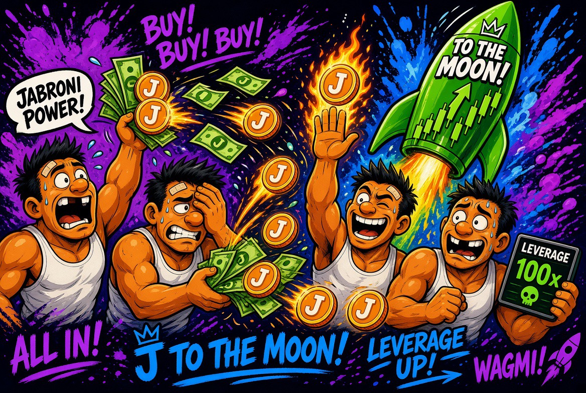 Four jabronis going all in with J coins and a green rocket to the moon