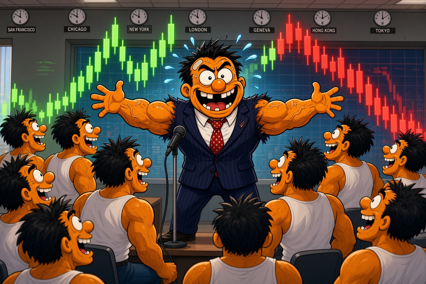 A jabroni pumping the crowd with green candles behind him and red candles ahead